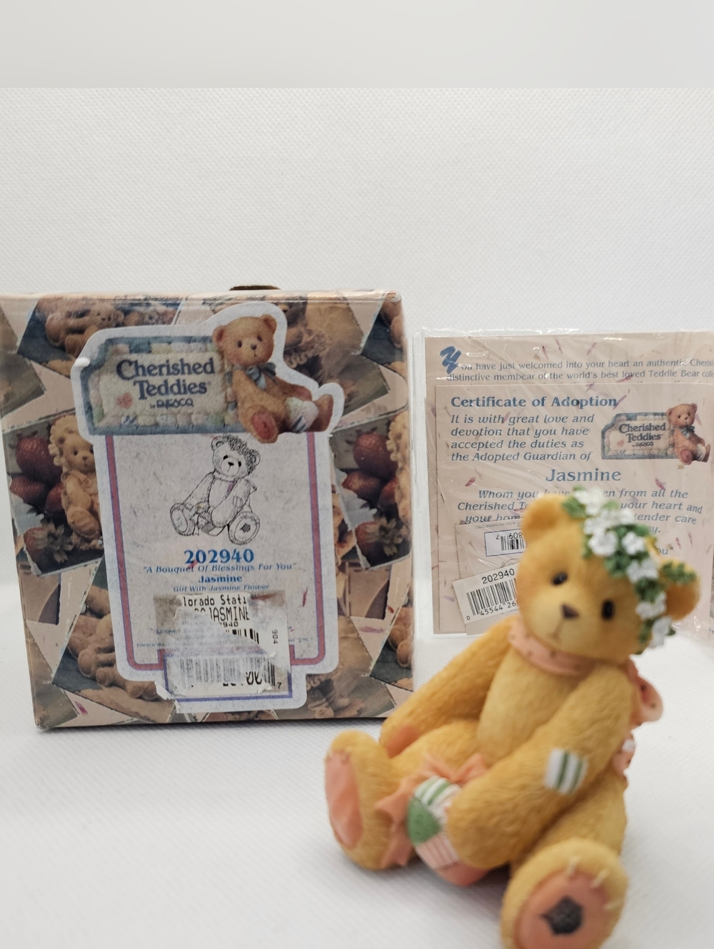 New CHERISHED TEDDIES Bear JASMINE  FIGURINE BOX  Bouquet Of Blessings flower